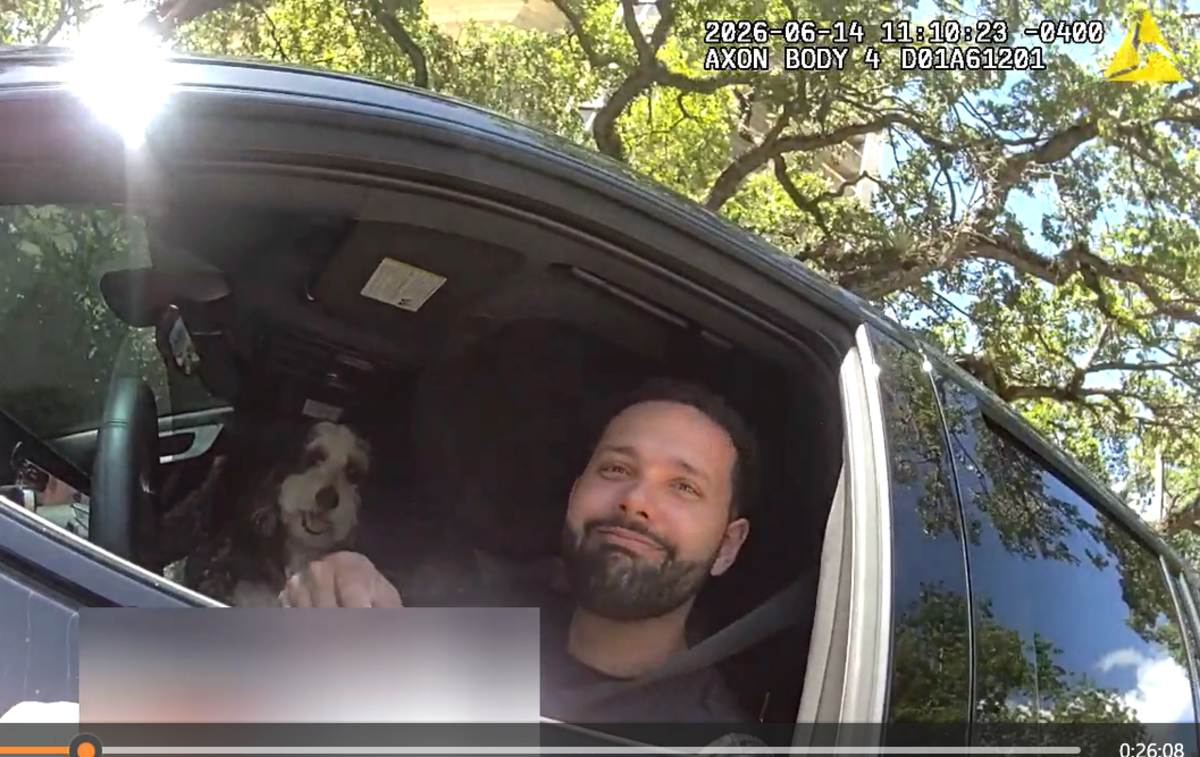 Miami Police body camera footage shows a June 14 traffic stop involving Hialeah Mayor Bryan Calvo and Officer Yasmani Gonzalez, during which the officer pulled Calvo over for an alleged illegal left turn and questioned him after Calvo activated red and blue police lights on the vehicle after the stop had already begun.